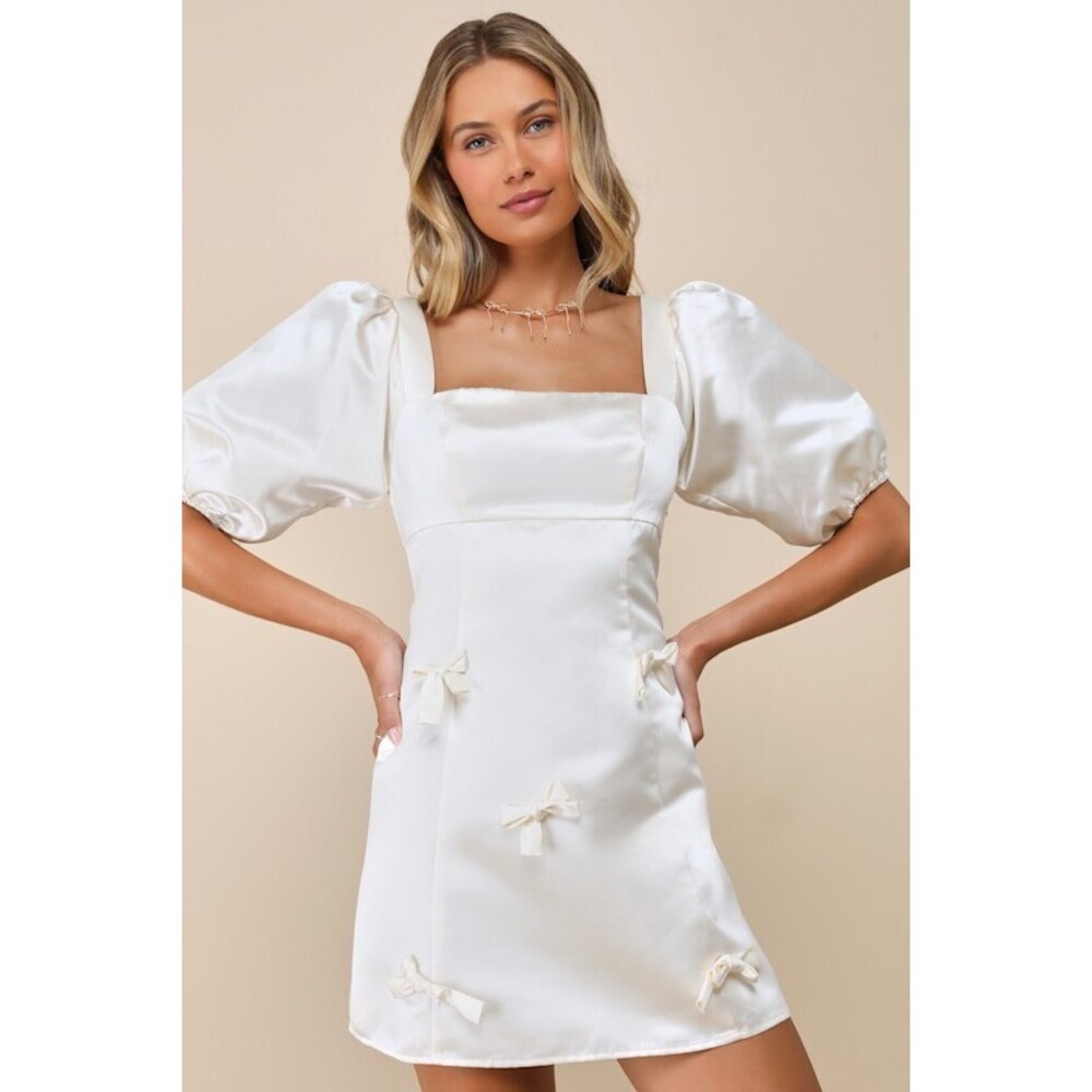 Lulus Lovely Simplicity Champagne Satin Puff Sleeve Bow Mini Dress White